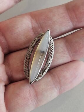 Antique Sterling 925 Filigree Brooch with Opalescent White Marquise Agate Stone
